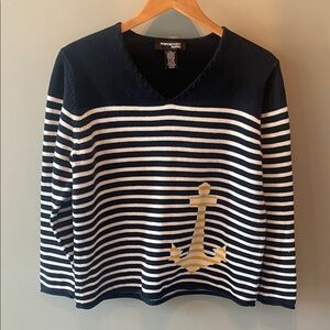 Norton Studio Petite Nautical Striped V-Neck Sweater Size Large